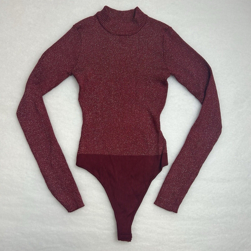 Lulus Womens Medium Ribbed Red Sparkly Long Sleeve Bodysuit Date Night New Years